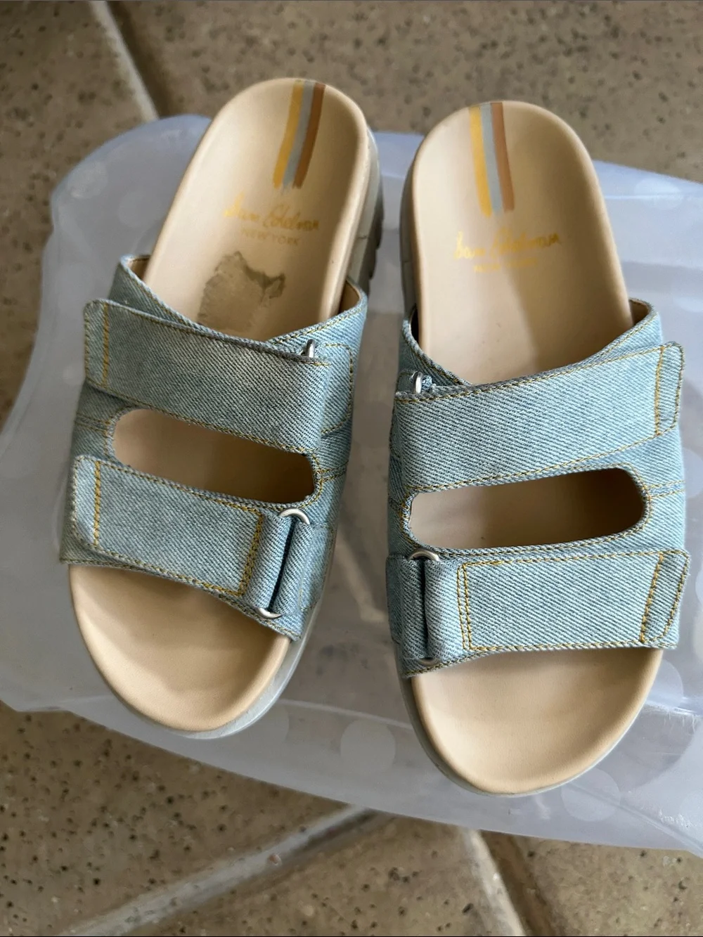 Sam Edelman Light Blue Denim Double-Strap Slide Sandals